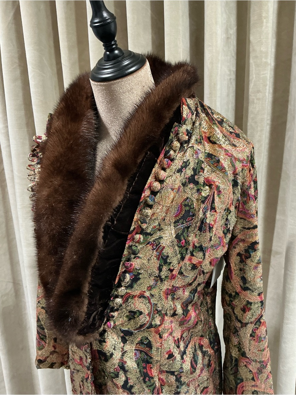 Women's Paisley Brocade Coat with Brown Fur Trim - Picture 2 of 11